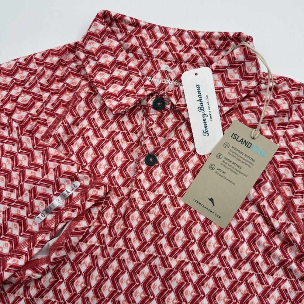 NWT Tommy Bahama IslandZone Fresco Geo Golf Polo Shirt Men’s Size S Red Ginger